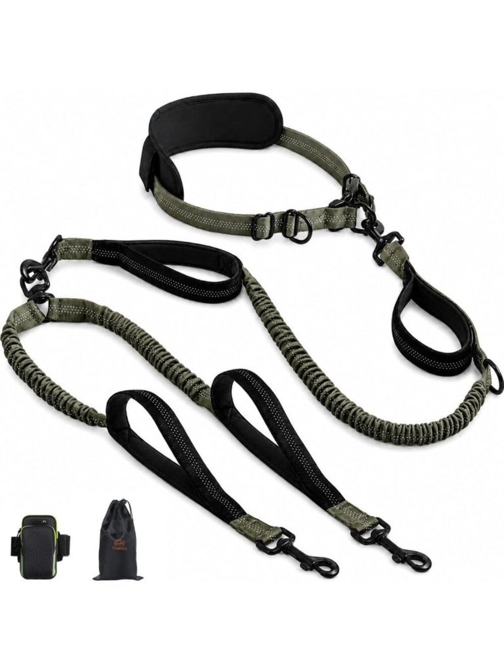 Hands-Free Double Dog Leash with Adjustable Waist Belt, Reflective Padded